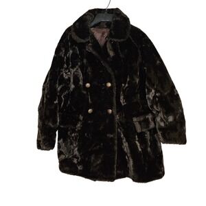 Vintage Faux Fur Coat Brown Women's Double Breasted Lg Jacket Quiet Luxury Glam